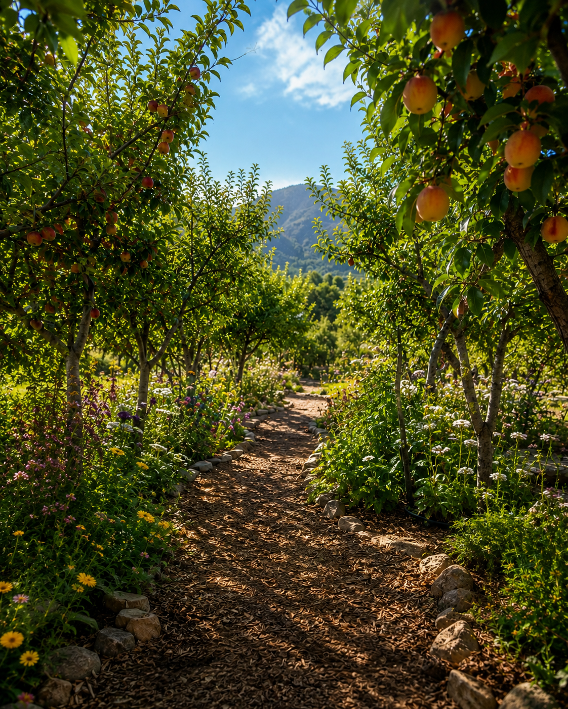Heritage fruit tree orchard at Respite Ranch in golden hour light